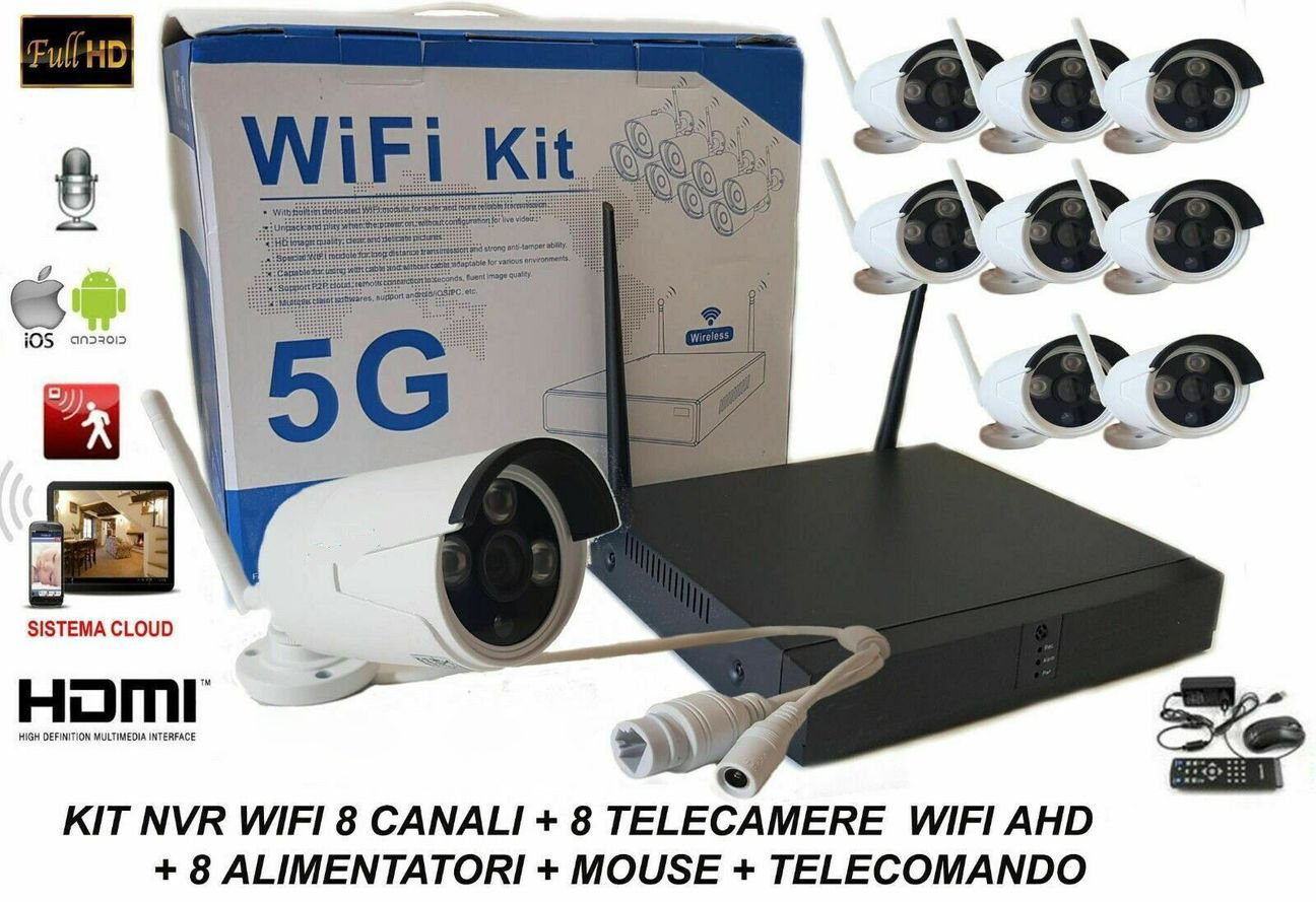 KIT 8 CANALI TELECAMERE WI-FI HD WIFI REMOTO IP LAN